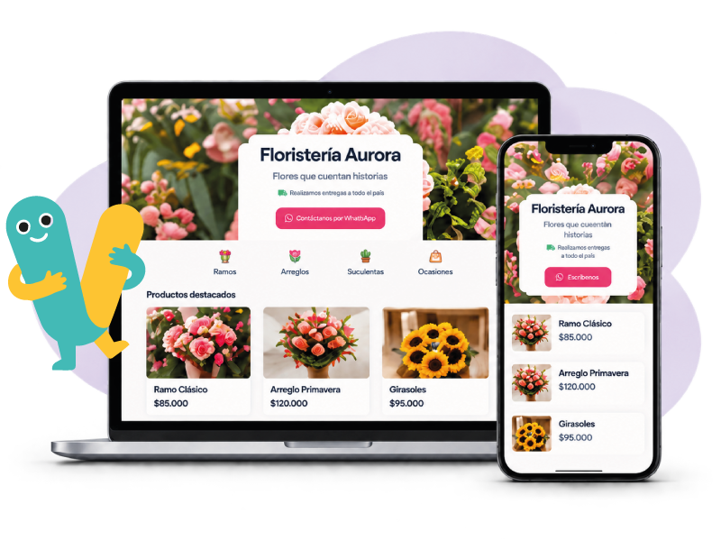 Ejemplo de vitrina digital de Floristería Aurora en computador y celular